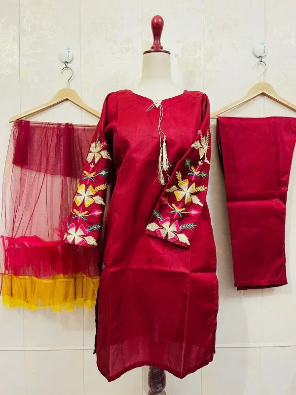 Embroidered Sleeves Kurti With Frill Dupatta & Trouser (3 Piece Suit)
